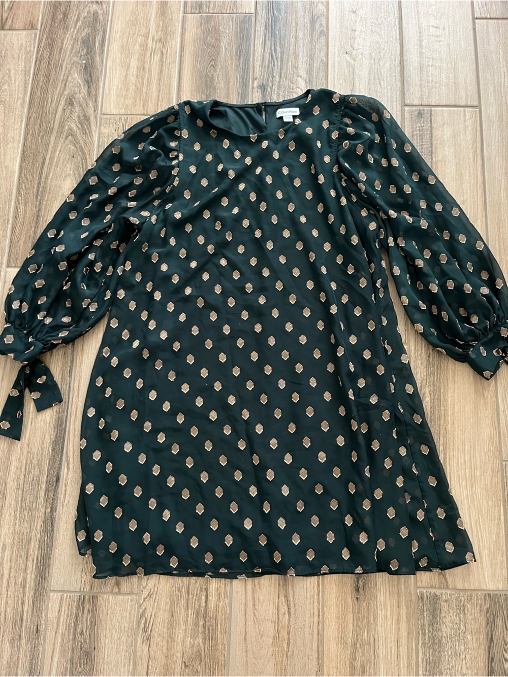 Calvin Klein Dark Green Shift Dress with Gold Dot Print